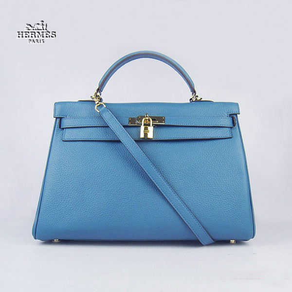 6308 Hermes Kelly 35 centimetri Togo Leather Bag Blu 6308 Oro Hardware